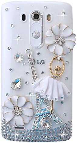 LG G Vista 2 Bling Case - Fairy Art Luxury 3D Sparkle Series Ballet Girl Eiffel Tower Flowrs Crystal Design Back Cover with Soft Wallet Purse Red Cloth Pouch - White