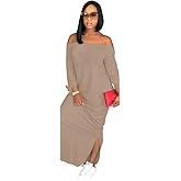 OLUOLIN Women's Casual Letter Print Off Shoulder Long Sleeve Bowknot Sides Slit Loose Long T-Shirt Maxi Dress