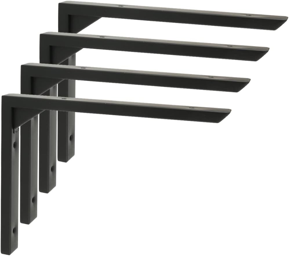 Mooche 4PCS Heavy Duty Shelf Brackets 8 inch, Black Wall Brackets for Shelves, Stainless Steel Triangle Shelf Support with Screws for Living Room Bedroom Garage