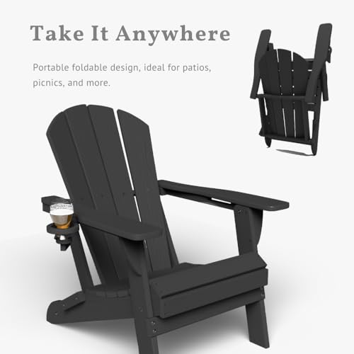 Patio Kingdom Folding Adirondack Chairs with Cup Holders, Set of 6 HDPE Plastic Outdoor Chairs, Weather Resistant, Real Wood Look, Heavy-Duty Patio Furniture for Deck, Fire Pit, Backyard, Black