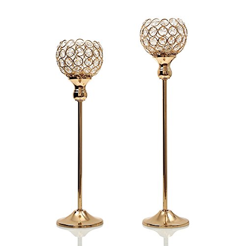 VINCIGANT Gold Crystal Tea Light Candle Stand Pillar Set of 2 for Wedding Coffee Table Decorative Centerpiece Candelabra