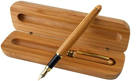 Fountain Pen With Case | Calligraphy Fountain Pen | Natural Handcrafted Fountain Pen With Bonus Wood Case & Ink Refill Converter (Bamboo- GoldSilver NIB - Matching WoodCase)