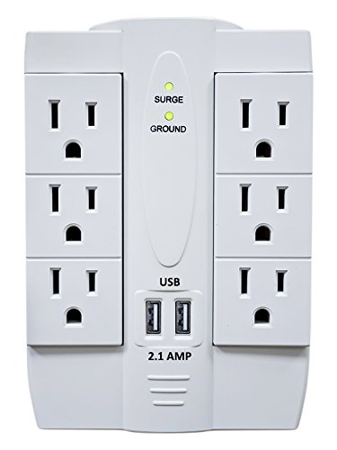 6 AC Outlet Power Surge Protector with 2 Ports USB Wall Charger 2.1Amp and Swivel Sockets - White