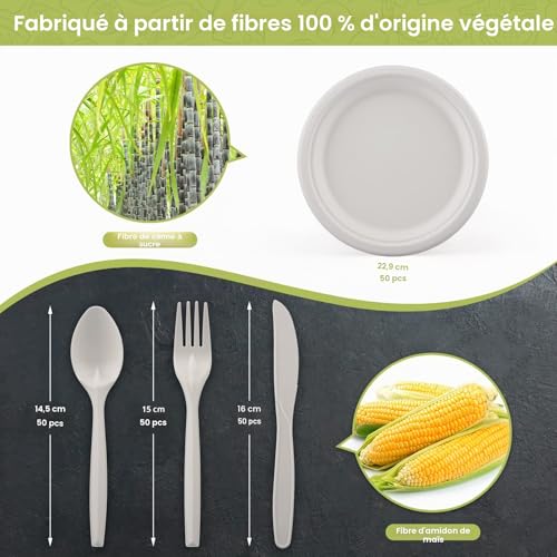 Fuyit 200 x Disposable Sugarcane Bagasse Plates, Disposable Cutlery, Forks, Knives and Spoons for Parties, Camping and Picnics, Birthdays