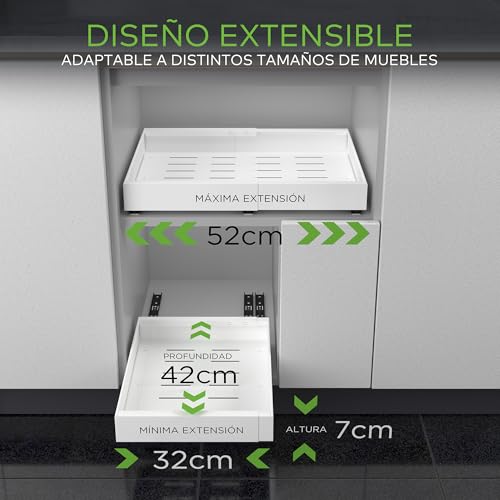 Removable Drawers for Kitchen, Adhesive Telescopic Cupboard Tray, Adjustable Width 32-52 cm, for Home Storage and Organizer, No Drilling, Single Pack White