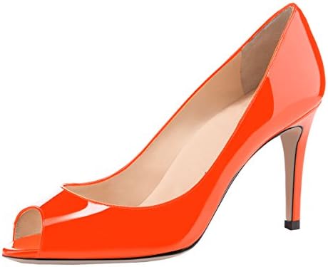 Sammitop Women's Peep Toe Pumps 80mm High Heel Shoes Slip On Patent Pumps Formal Shoes