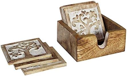 Amazon Com Christmas Gifts Sale Tree Of Life Handmade Set Of 6 Square Wooden Coasters For Drink Tea Coffee Table White Distressed Coaster With Holder Stand Dining Home Decor Design 4 Coasters