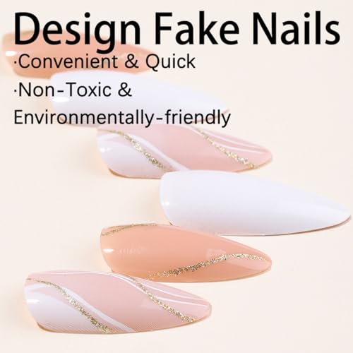 Almond Press on Nails Medium Fake Nails Glitter Gold Line Design Glue on Nails White False Nails Full Cover Nude Acrylic Nails Glossy Stick on Nails Fall Artificial Nails for Women Manicure 24Pcs - Image 4
