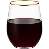 Oojami 36 Pack Disposable Wine Glasses 12oz Stemless Plastic Gold Rim - Crystal Clear Unbreakable for Wedding, Party, Birthday & Events