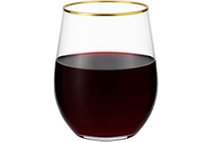 Oojami 36 piece Disposable Stemless Platic Wine Tumbler Cups Unbreakable Crystal Clear Gold Rim Plastic Wine Glasses elegant Drinkware for Wedding, Birthday, Indoor outdoor Pool 12 Ounce