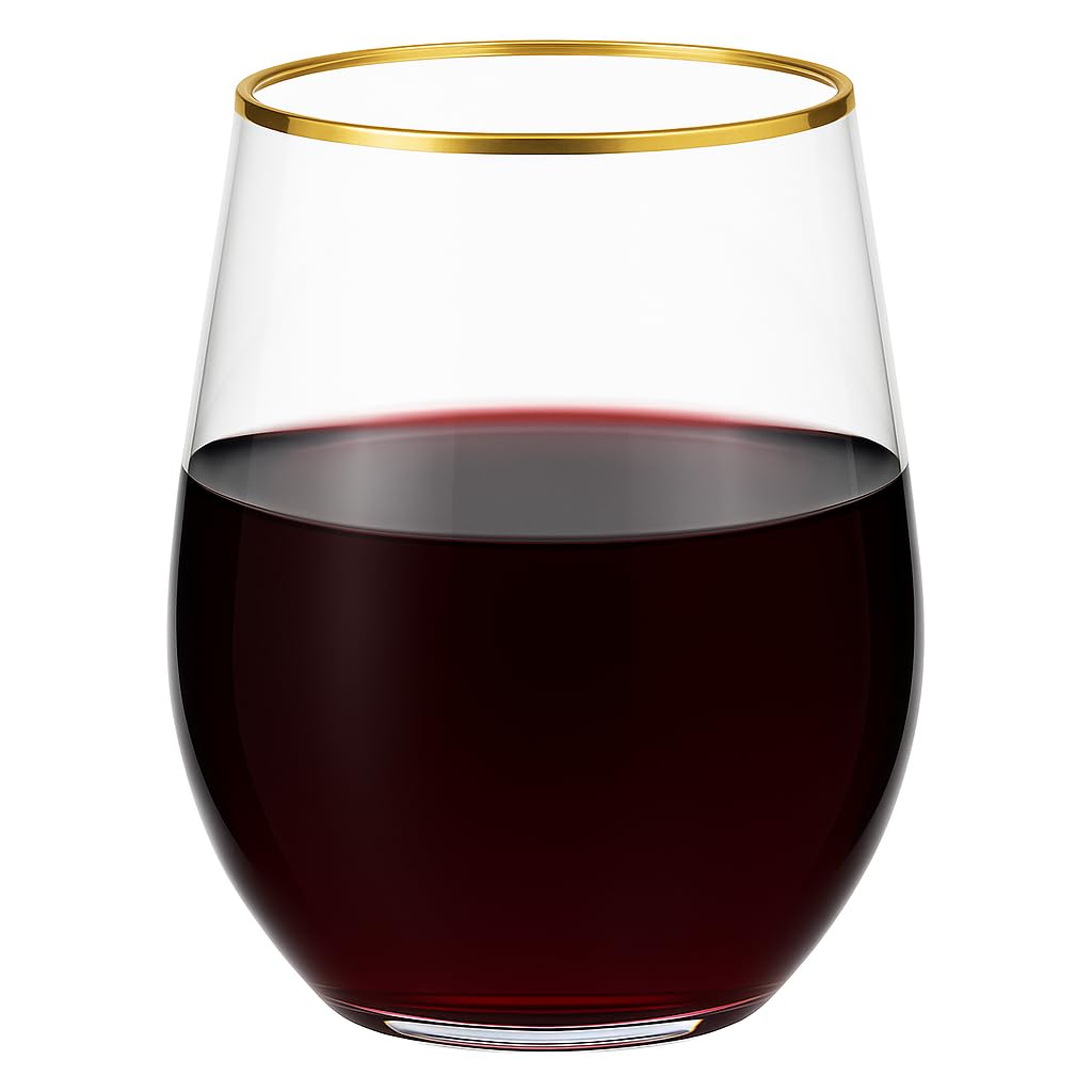 Photo 1 of 24 piece Stemless Disposable Unbreakable Crystal Clear Plastic Wine Glasses Set of 24 (10 Ounces - Gold Rim)