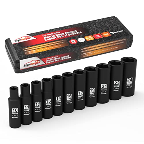 EPAuto 1/2Inch Drive Metric Deep Impact Socket Set, CrV, 6 Points, 11