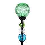 Exhart Solar Green Cracked Crystal Ball Yard Stake w/ 6 LED Lights & Glass Ball Bead Details - Glass Globe Metal Stake, Glass Ball Ground Stake, Glass Orb Outdoor Lights, 3.5
