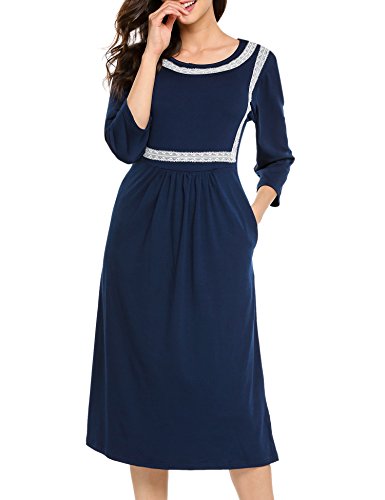 HOTOUCH Women Autumn 3/4 Sleeve Loose Fit A-Line Casual Midi Dress Navy Blue M