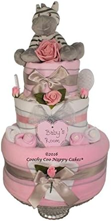 Deluxe Pink Baby Girl Zebra Nappy Cake Hamper Gift with Keepsake Capsule - Free DELIVERY