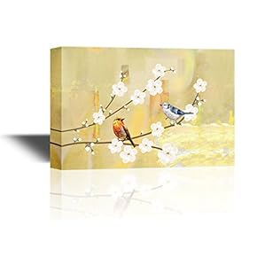 Canvas Wall Art - Two Birds on Branches with Almond Blossom - Gallery Wrap Modern Home Art | Ready to Hang - 12x18 inches