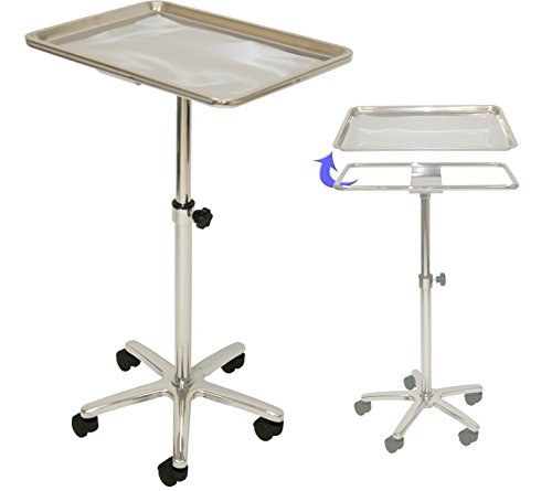 InkBed Extra Large Chrome Steel Single-Post Mayo Instrument Stand with Lift Out Work Tray