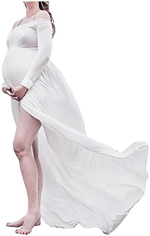 LZG65 Maternity Long Dresses For Baby Shower Photography With Sleeves Maxi Plus Size (White)