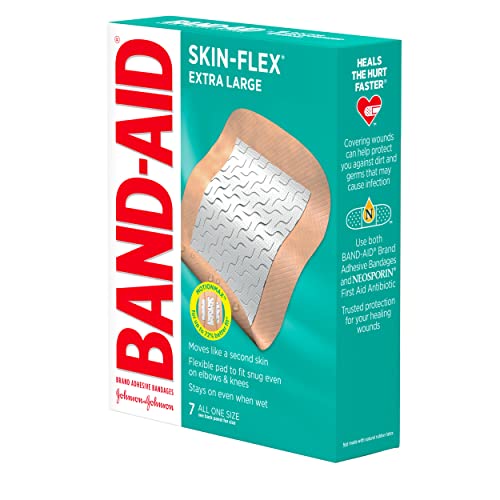 BAND-AID BRAND SKIN-FLEX ADHESIVE BANDAGES FOR FIRST AID AND WOUND CARE OF MINOR CUTS AND SCRAPES & BURNS, FLEXIBLE STERILE BANDAGES FOR FINGERS & KNEES, EXTRA LARGE, ALL ONE SIZE, 7 CT
