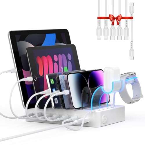 SooPii 60W 6-Port USB Ladestation für mehrere Geräte, PD 20W USB C Schnellladung für lPhone 17/16/15, 2-in-1 I Watch Holder, 6 Kabel Included für Tele