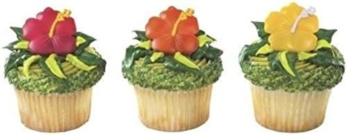 WONTTERFLY 12 COUNT HAWAIIAN HIBISCUS FLOWER CUPCAKE TOPPERS RINGS PARTY FAVORS ASSORTED