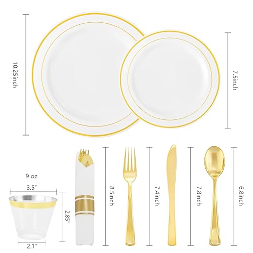 Beauenty 175 Piece Gold Plastic Dinnerware Set for 25 Guests,Elegant Disposable Dinnerware Set for Parties,Include:25 Dinner Plates,25 Dessert Plates,25 Pre Rolled Napkins with Cutlery Set,25 Cups