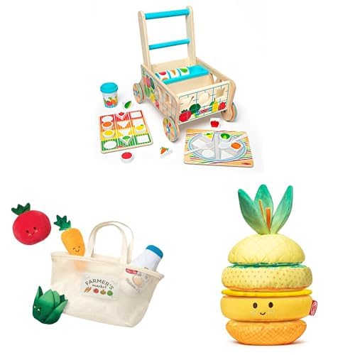 Melissa & Doug Toddler Grocery Play Set: Wooden Shape Sorting Cart with Puzzles, Market Basket Fill & Spill Toy, and Pineapple Soft Stacker for Ages 1+ Image