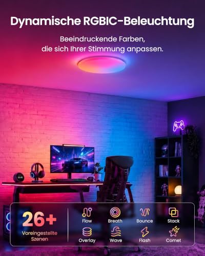 SwitchBot RGBICWW Deckenleuchte 30cm, Matter-Zertifizierte LED Deckenleuchte Dimmbar 2000LM, 2700–6500K, 20W, Kompatibel mit Alexa & Apple Home, CRI 90+, Deckenlampe LED für Schlafzimmer, Wohnzimmer