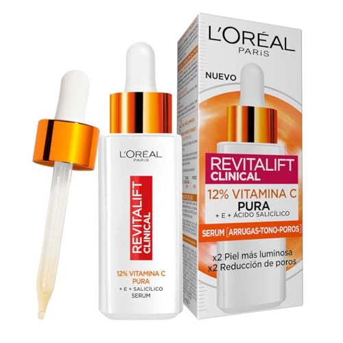 L'Oréal Paris Sérum Facial 12% Pura Vitamina C , Piel más luminosa y poros menos visibles, Reduce las arrugas, la despigmentación y los poros, Revitalift Clinical, 30 ml