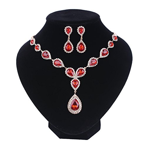 Paxuan Womens Gold Plated Teardrop Red Crystal Wedding Bridal Jewelry Set Teardrop Pendant Necklace Drop Dangle Earrings Set - Thumbnail 3