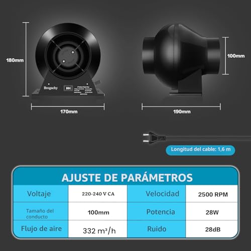 Brogachy Suction Fan 100 mm, Extraction Fan 322 m³/h Exhaust Fan, Air Extractor for Cellar, Garage, Kitchen, Bathroom, Grow Tents, Ventilation and Fan