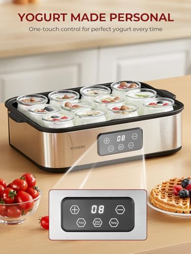 FOHERE Yoghurt Maker 25 W with 12 Glass Containers of 180 ml for up to 2.16 L Homemade Yogurt, Greek Yoghurt Machine with Temperature and Timer, LCD Display, Automatic Shut-Off, BPA-Free