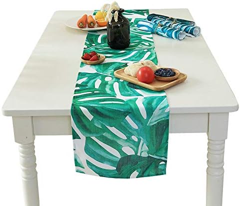 FeiFei156 Simple Table Flag Cotton Linen Table Flag Cloth Long-striped Tv Cabinet Cover Cloth Tea Table Table Towel Bed Tail Towel Plaid Green Leaf 32 x 160cm