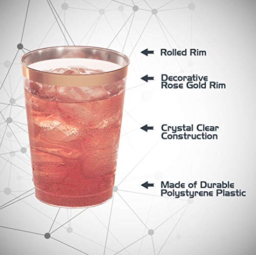 Rose Gold Plastic Cups | 10 oz. 50 Pack | Hard Clear Plastic Cups | Disposable Party Cups | Fancy Wedding Tumblers | Nice Rose Gold Rim Plastic Cups | Elegant Decoration Cups | Plastic Tumblers Bulk