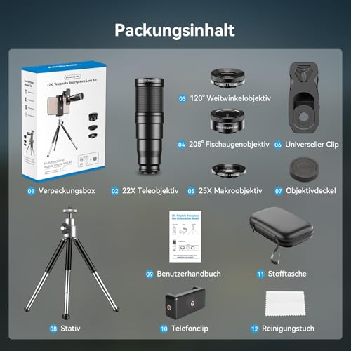 Evil Eye - 22x Telephoto Lens/ 205° Fisheye Lens/ 120° Wide Angle Lens/ 20x Macro Lens/ Tripod and Remote Shutter for iPhone Samsung, Huawei and Most