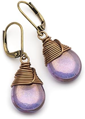 GenericLustrous Purple Czech Glass Wire-wrapped Drop Bronze Lever-back Earrings 1.4 Inches