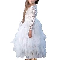 NNJXD Girl Lace Back Tutu Tulle Flower Girls Princess Party Dress Size (130) 7-8 Years White