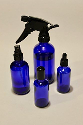 Cobalt glass bottle 4 pack - 8 oz, 4 oz and 2 2 oz with trigger spray, misting spray, stainless steel roller and dropper - for essential oils, perfumes, cleaners, cooking