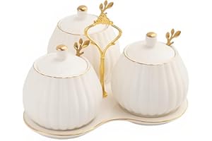 YMYL Set of 3 Porcelain Condiment Pot Sugar Bowl with Lid, Spoon and Tray, Modern Ceramic Seasoning Jars Salt Container for Home Kitchen, Restaurant, Coffee Bar (White)