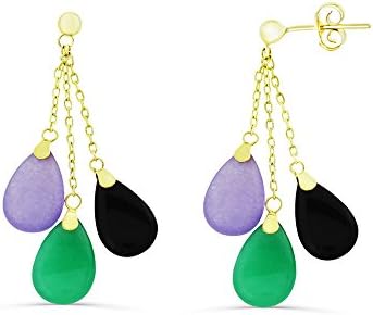 14K Yellow Gold Genuine Natural Multi-Jade + Black Onyx Tear Dropped Dangling Earrings