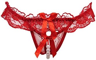 Underwear YEBYEIR Women Sexy Lace Open Crotch Mesh Pearl Thong Panties (XS, Red)