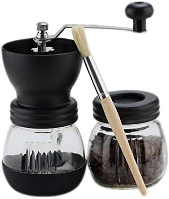Narata Manual Ceramic Core Coffee Grinder with Extra Glass Sealed Cans &amp; Hand Crank &amp; Brush, Glass Body and Heavy Duty Steel Adjustable for Coarse to Fine Grind, Black