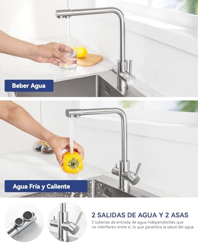Sofetiy 3-Way Kitchen Tap, Osmosis Tap with 2 Levers, Kitchen Tap with Cold and Hot Water and Filtered Water, Brushed Stainless Steel, 360° Rotatable (No Water Purifier)