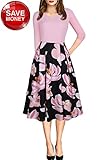 Cocktail Dress for Women Floral A-line Work Dresses Below Knee Length with Pockets Pink Large