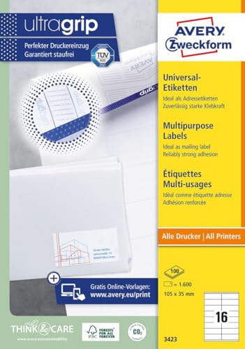 AVERY Zweckform 3423 Adressaufkleber (1.600 Klebeetiketten, 105x35mm auf A4, Papier matt, individuell bedruckbare Absenderetiketten, selbstklebende Adressetiketten mit ultragrip) 100 Blatt, weiß