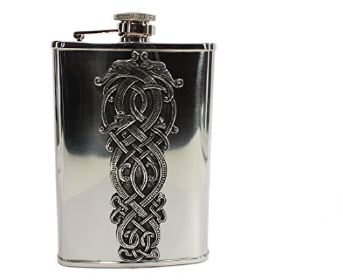 Whiskey Flask Celtic Dragon Stainless Steel & Pewter Irish Made