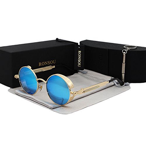 Ronsou Steampunk Style Round Vintage Polarized Sunglasses Retro Eyewear UV400 Protection Matel Frame golden frame/blue lens