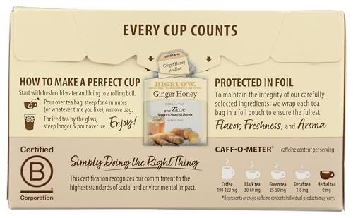 BIGELOW TEA, GINGER HONEY PLUS ZINC (CAFFEINE FREE), 18 COUNT