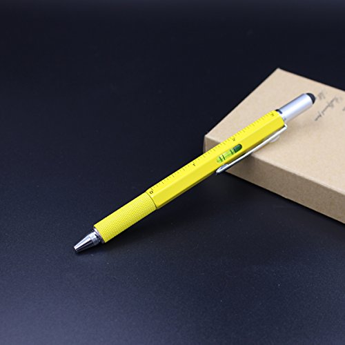 6 in 1 Multitool Pen with Gift Box - Includes 1 Ballpoint Pen, Universal Stylus Pen, Ruler,Flat and Phillips Screwdriver Bit, Level Gauge - The Perfect Multi-Function Gadget (Yellow)