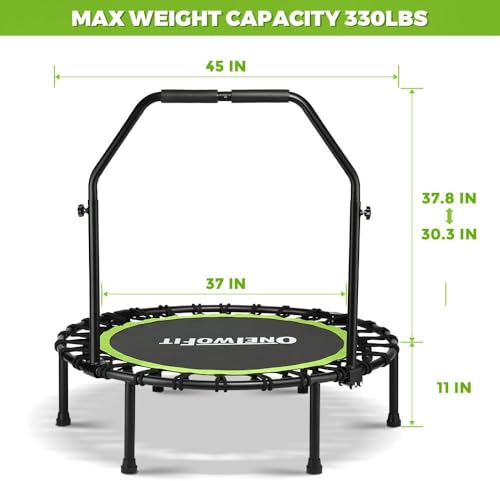 ONETWOFIT Trampolín Plegable para Adultos 101/107/114cm, Mini trampolín de Fitness, con Mango de Espuma Ajustable, elásticos, Ejercicio silencioso para Interior Personal